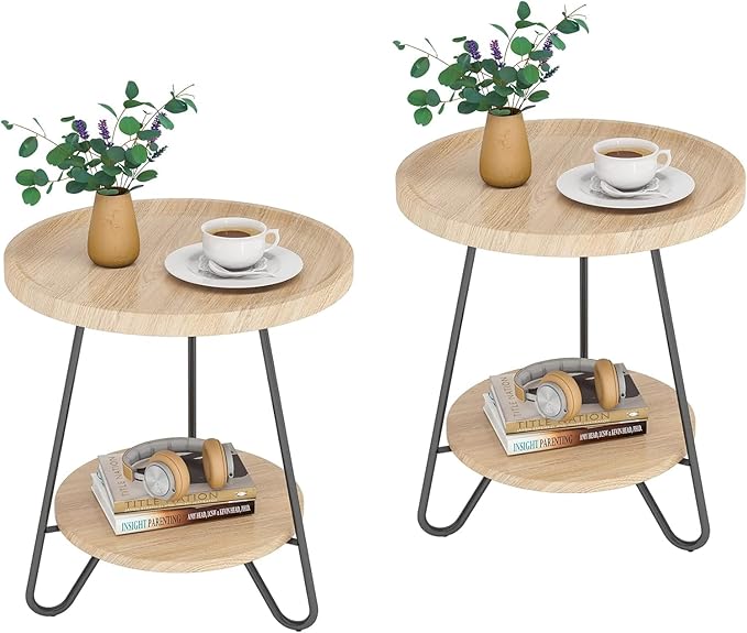 Set of 2 Round Side Table, 2-Tier End Table with Metal Legs, Modern Industrial Beside Table