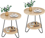 Set of 2 Round Side Table, 2-Tier End Table with Metal Legs, Modern Industrial Beside Table