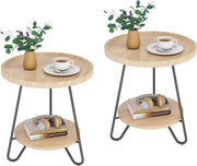 Set of 2 Round Side Table, 2-Tier End Table with Metal Legs