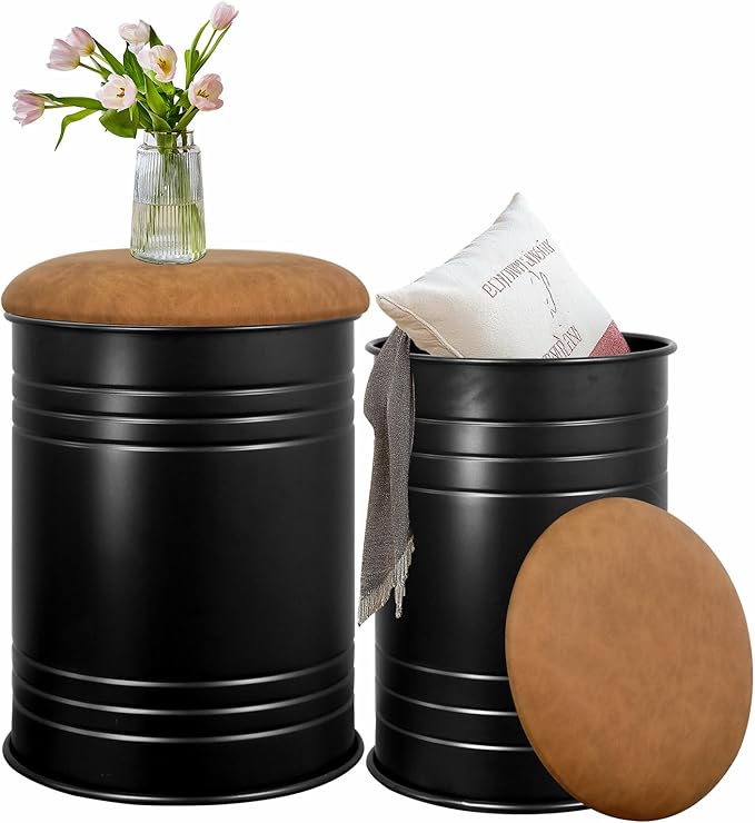 Metal Barrel Ottoman Storage Stool Set of 2, Rustic Accent Side Table