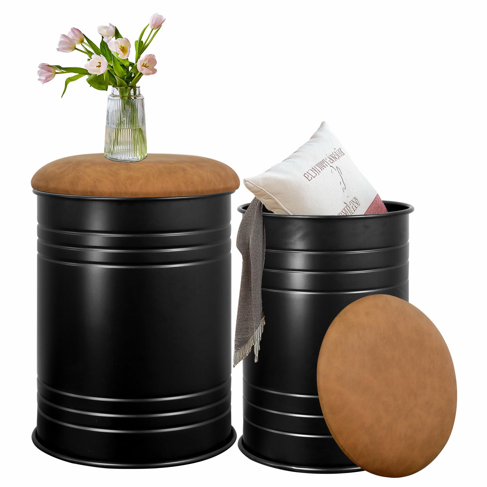 Metal Barrel Ottoman Storage Stool Set of 2, Rustic Accent Side Table