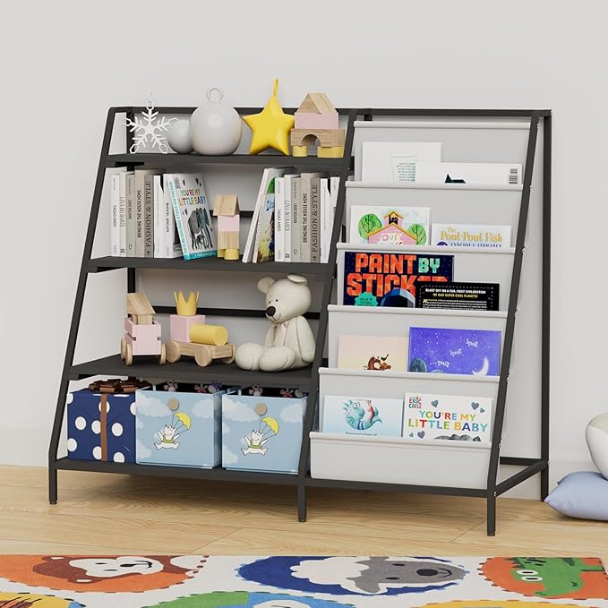 Metal Kid Bookshelf Toy Storage Organizer Montessori Baby Bookcase Small Toddler Book Rack Sling Children Display Shelf Boy Girl Living Bedroom Nursery Playroom Classroom Library (Pure White)