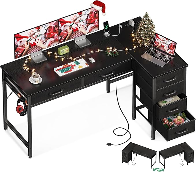 50 Inch L Shaped Desk with Drawers, Computer Desk with Power Outlets
