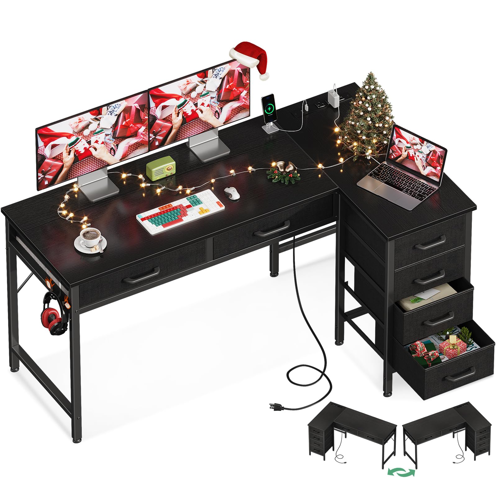50 Inch L Shaped Desk with Drawers, Computer Desk with Power Outlets