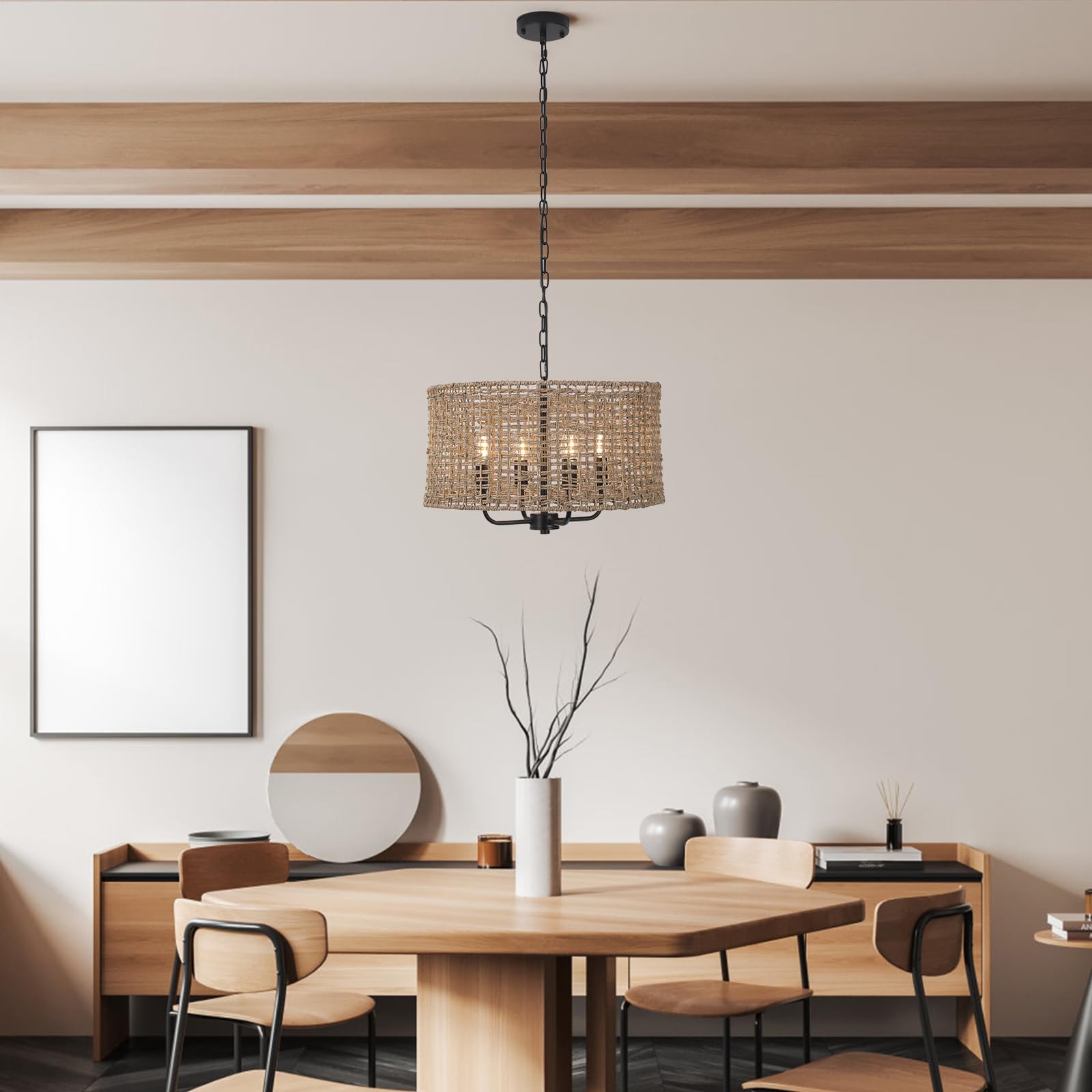 Rattan Chandeliers, 20inch Vintage Pendant Light Fixture, Farmhouse Hand Woven