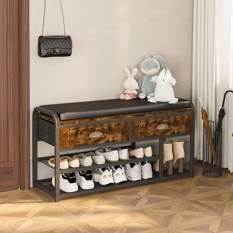 Shoe Bench, 3 Tier Entryway Bench, Shoe Storage Bench with Padded Seating & Drawers,