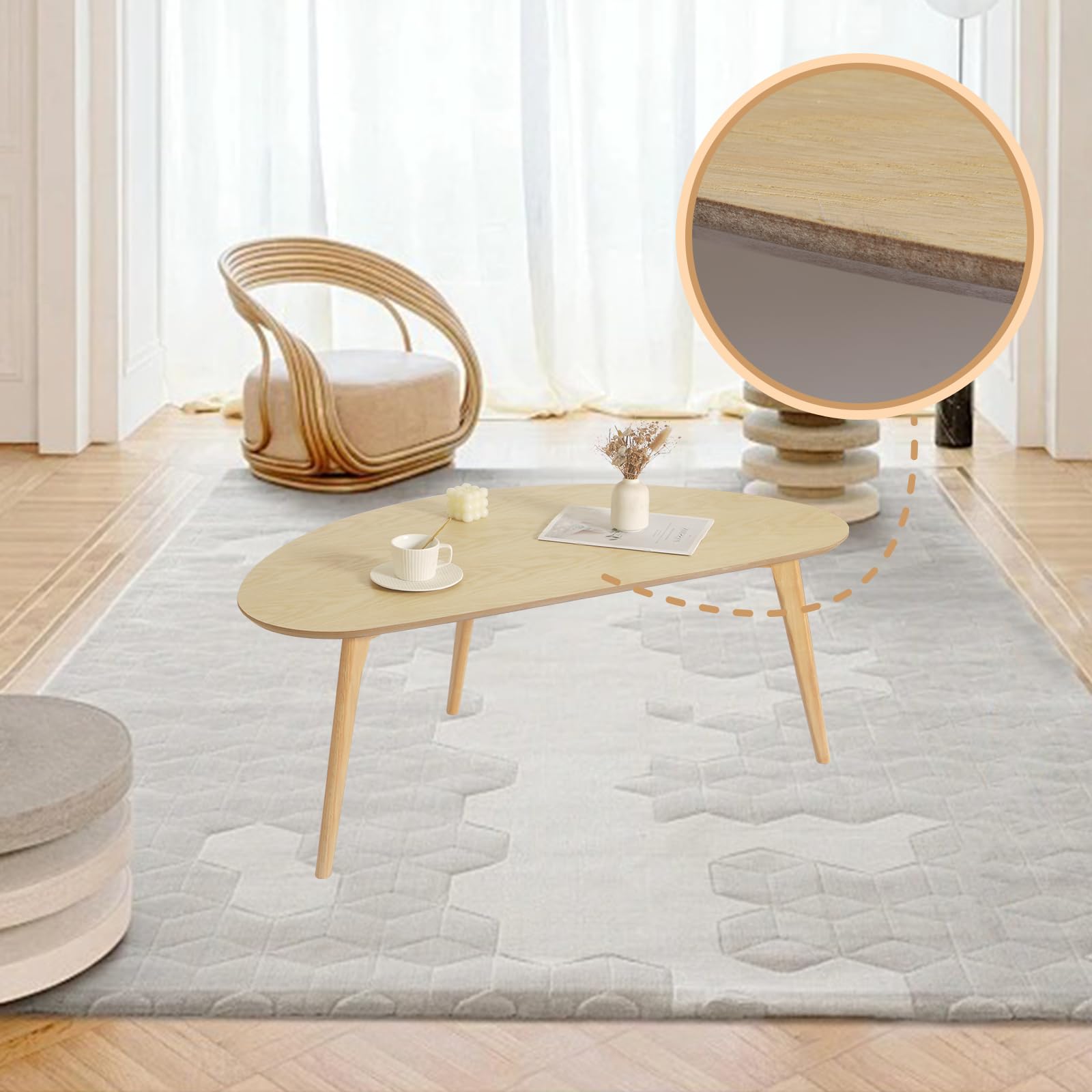 Oval Coffee Table，Wooden Coffee Table，Mid Century Modern for Living Room