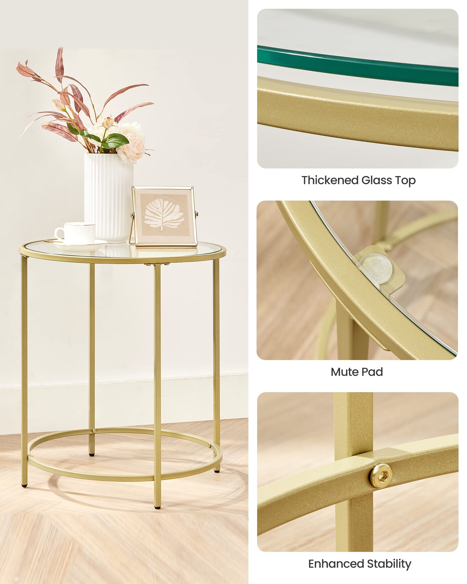 Round Side Tables, Set of 2, Glass End Tables with Metal Frame, Gold Coffee Tables