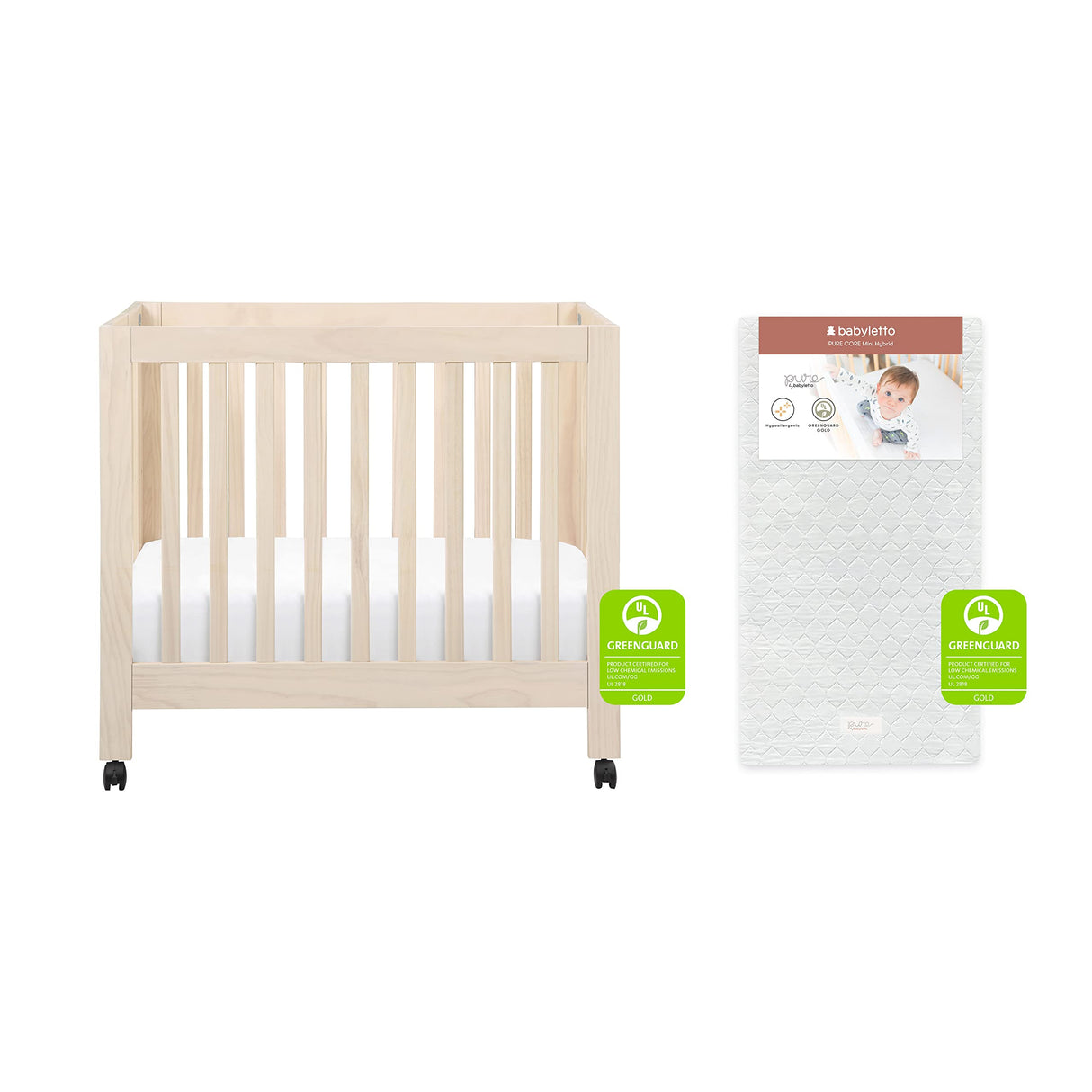 Origami Mini Crib in Washed Natural & Pure Core Non-Toxic Mini Crib Mattress with Hybrid