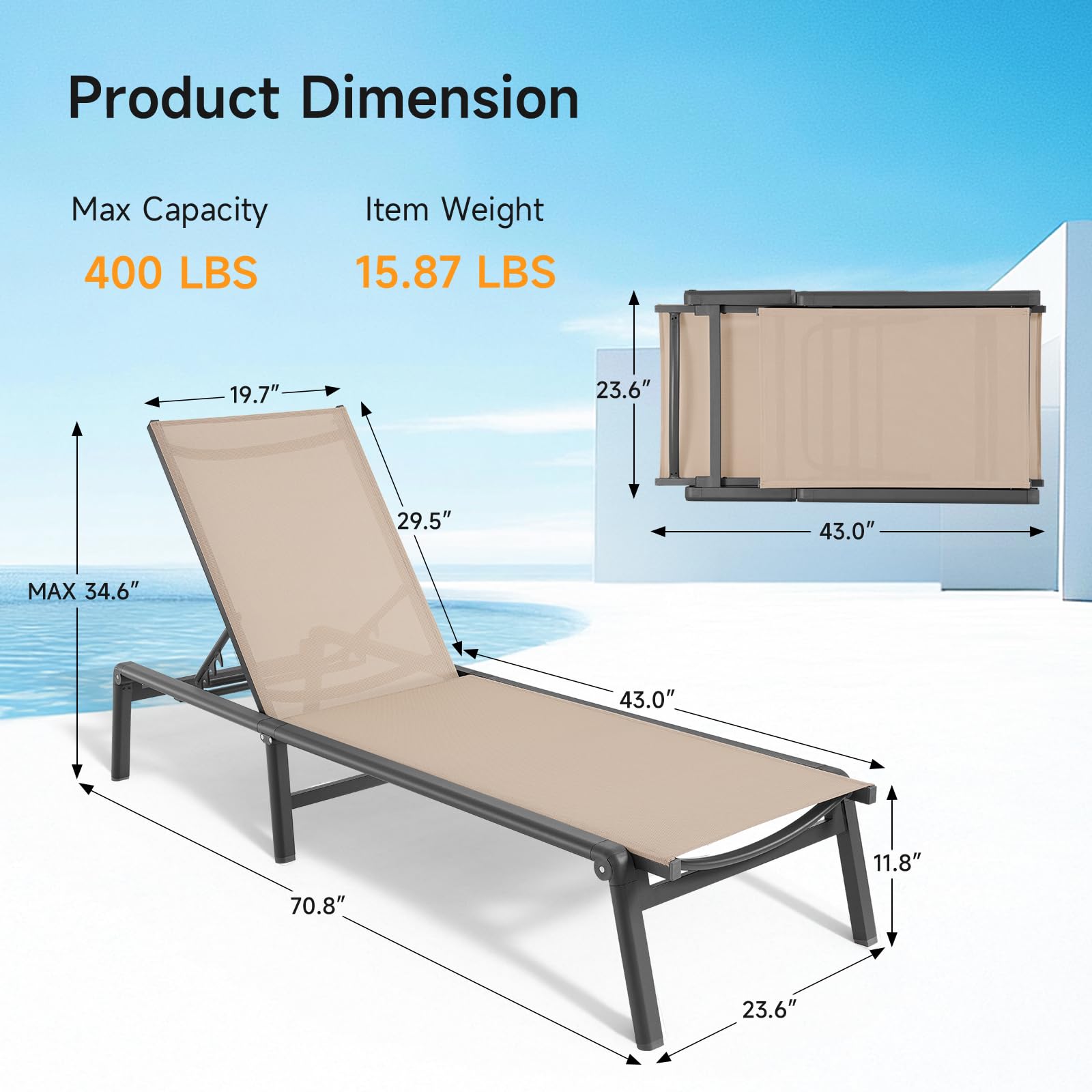 ONBRILL Aluminum Chaise Lounge Chair Outdoor, Foldable & Assembly Free Outdoor Lounge Chair with 5 Position Adjustable Backrest, Patio Pool Lounge Chairs for Outside Poolside Beach Lawn, 1PC, Khaki