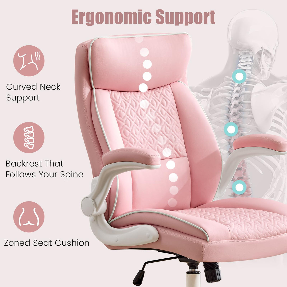 Pink Leather Office Chair with Lumbar Support & Flip-Up Armrests