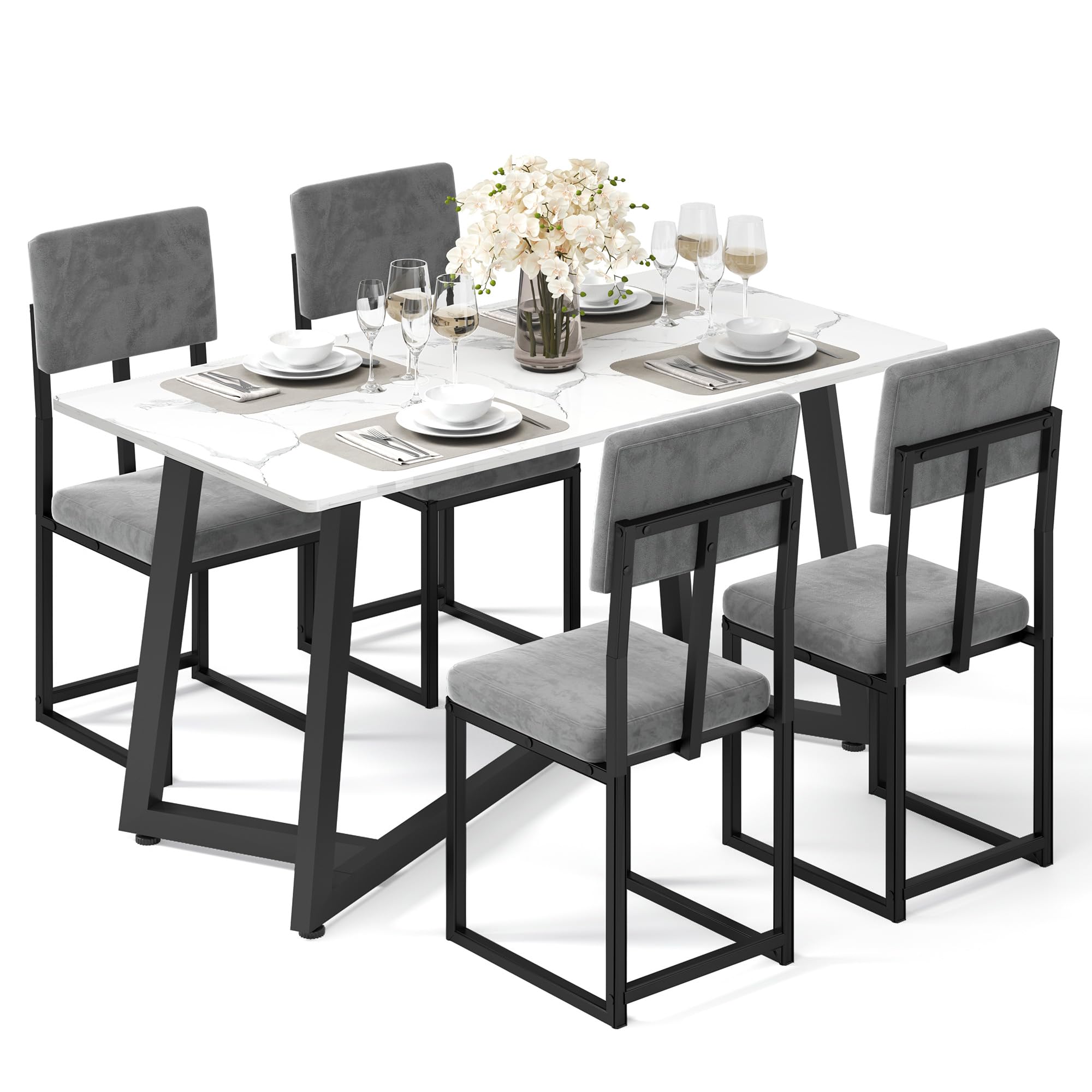 5-Piece Faux Marble Dining Set with Velvet Upholstered Chairs