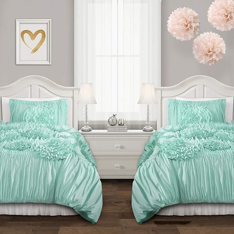 Serena Comforter Set, 3 Piece Set, Full/ Queen, Ivory - Ruched Ruffled Flower Design - Romantic Ruffle Bedding Set - Vintage Glam & Farmhouse Bedroom Decor