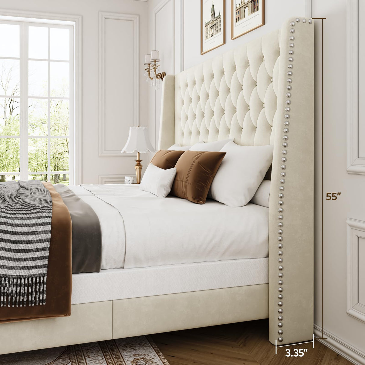 Queen Upholstered Bed Frame with 55" Tufted Headboard - Platform Bed, No Box Spring Needed