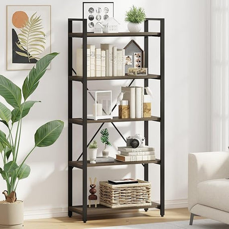 5 Tier Bookshelf, Metal and Wood Bookcase, Etagere Book Shelf for Display