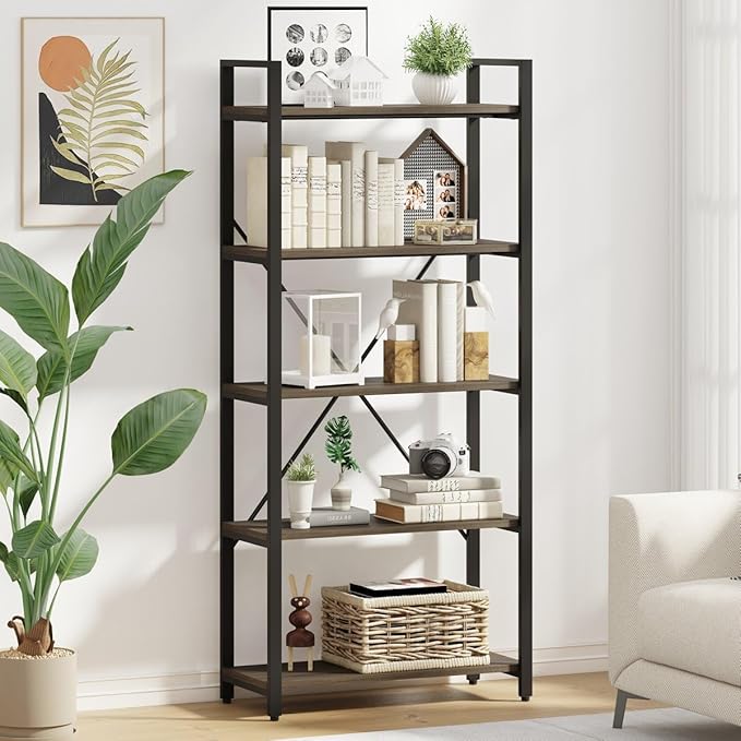 5 Tier Bookshelf, Industrial Wood and Metal Book Shelves for Display, Tall Etagere Bookcase and Rustic Shelving Unit (Rustic Oak)