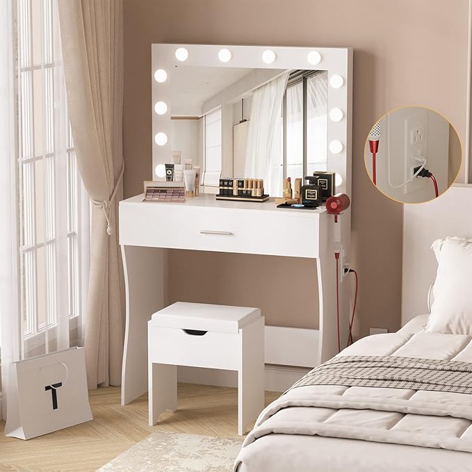 Vanity Table Set with Lighted Mirror - Makeup Vanity with Lights, Adjustable Brightness, Large Drawer Sturdy Wood Vanity, White 80x40x140cm