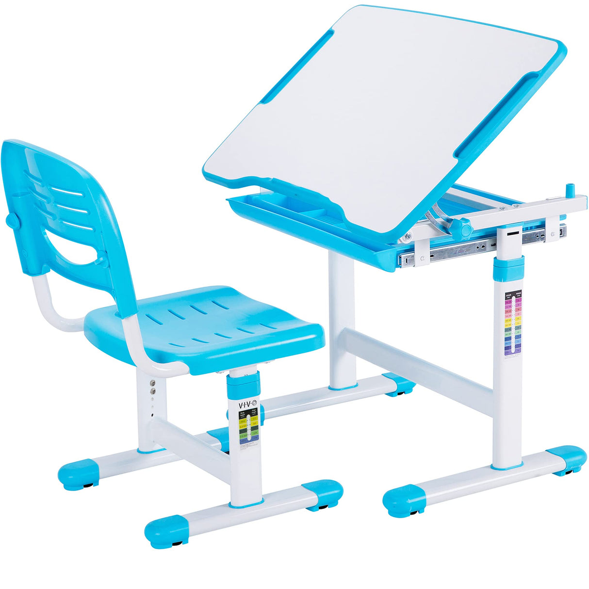 Children's Desk and Chair Set, Kids' Multifunctional Interactive Workstation for School Writing Study Play, Tilting Desktop with Pullout Storage Drawer, Blue, DESK-V201B