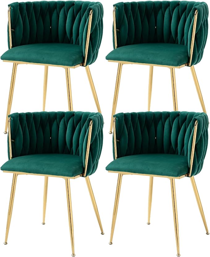 Modern Velvet Dining Chairs Set of 4, Woven Dining Room Chairs with Gold Metal Legs