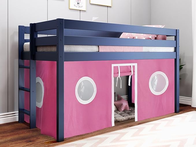 Contemporary Low Loft Twin Bed with a 3 Drawer Stairway, Gray with Gray & White Tent
