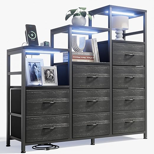 Black Dresser for Bedroom with LED Lights, 9 Drawers Dresser, Long Dresser