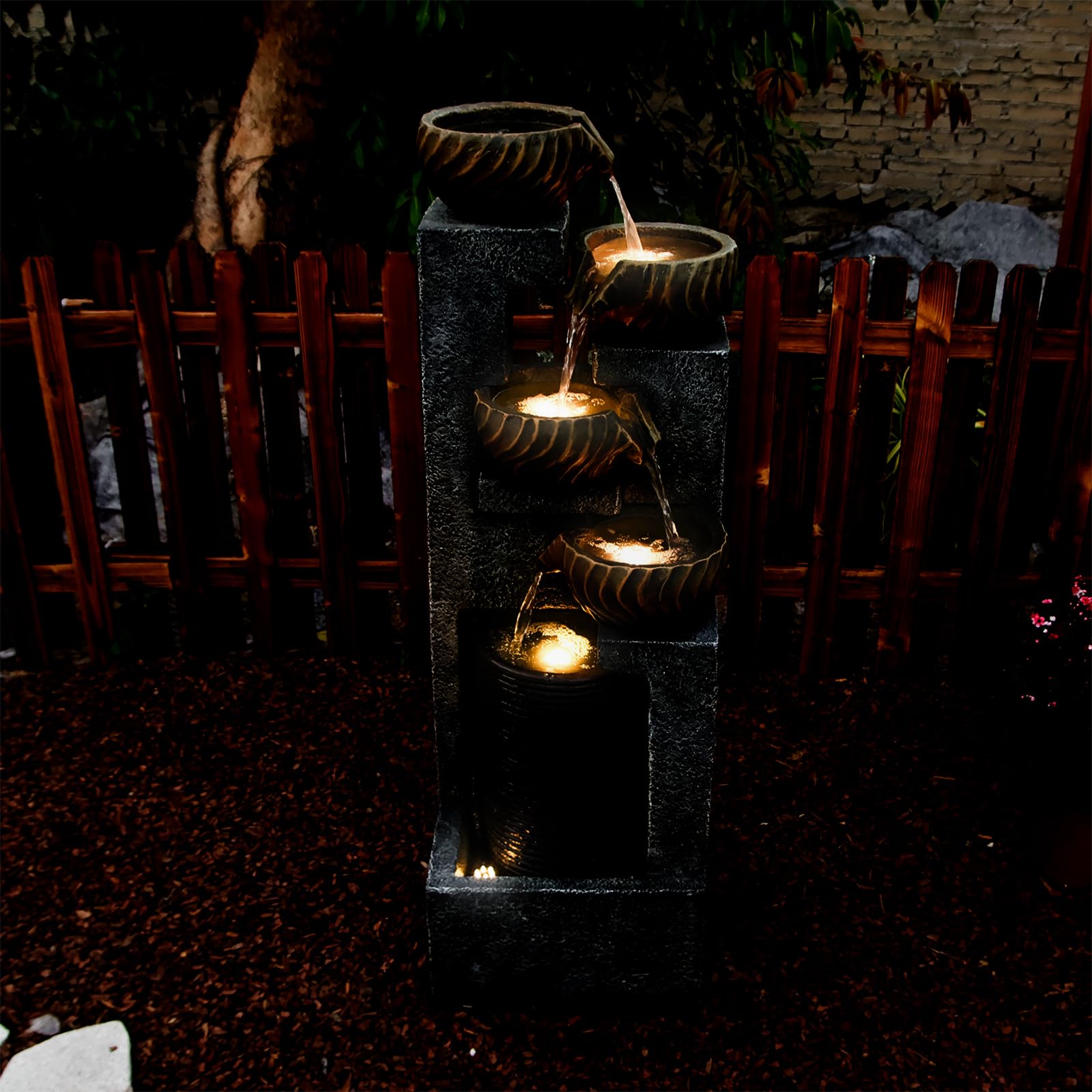 44.09''H Outdoor Garden Water Fountain with LED Lights Bowl Cascading Floor Standing Waterfall Fountains Indoor 5-Tiered