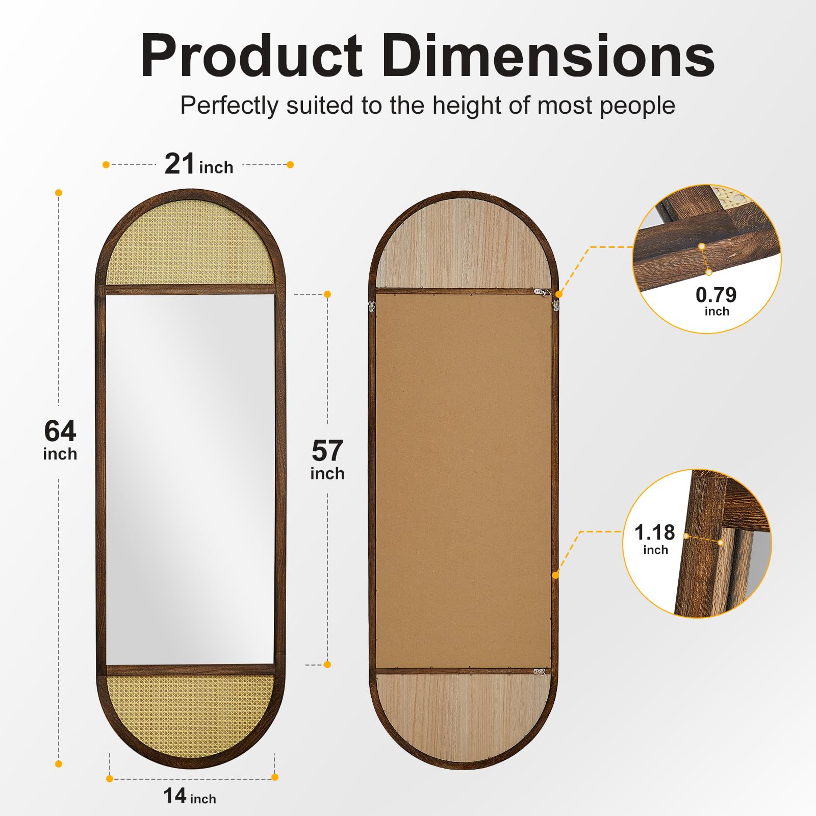 Arched Full Length Mirror with Solid Wood Frame 64"x21"
