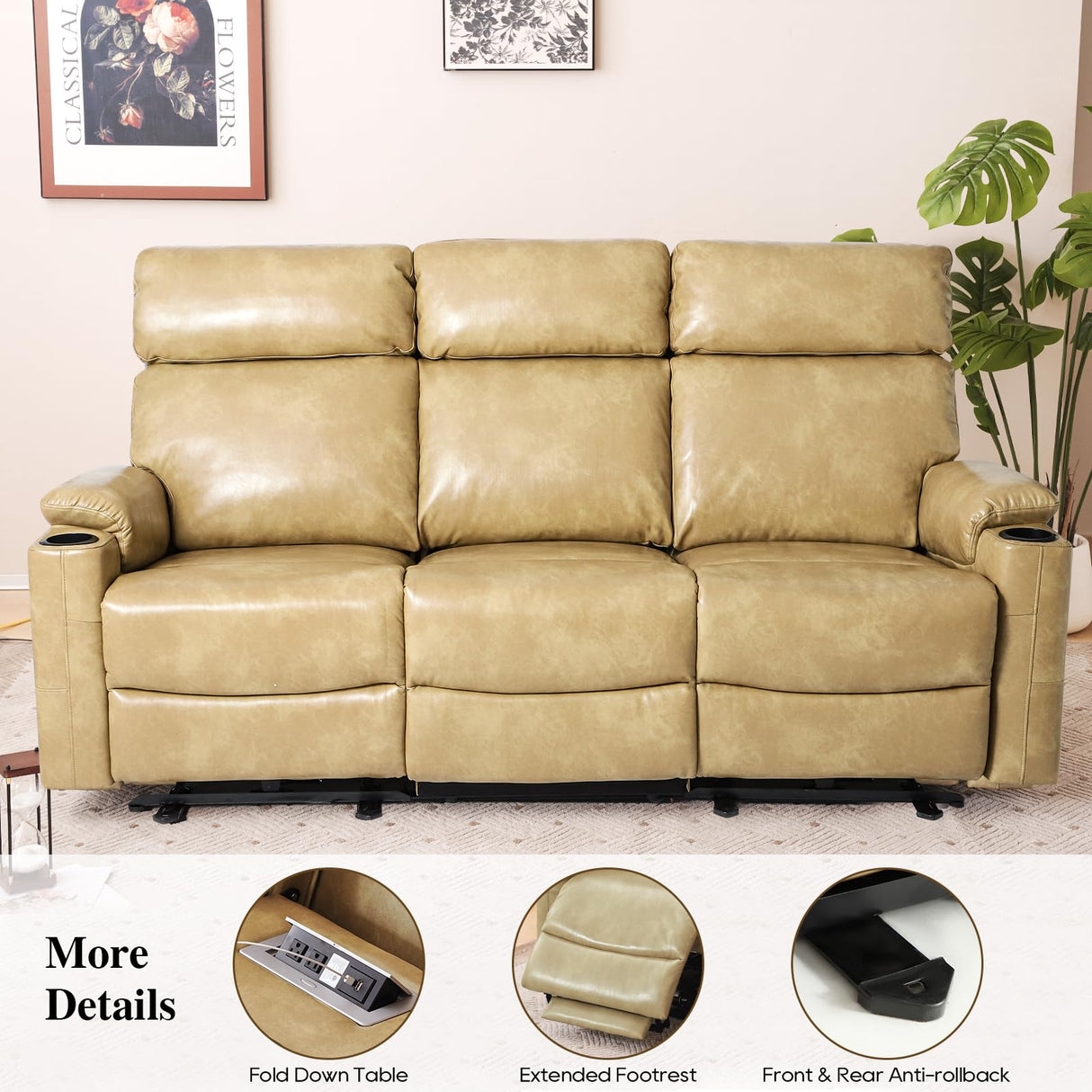 Power Reclining Sofa, Electric 3-Seat Dual Recliner Sofa with USB Ports, Cup Holders