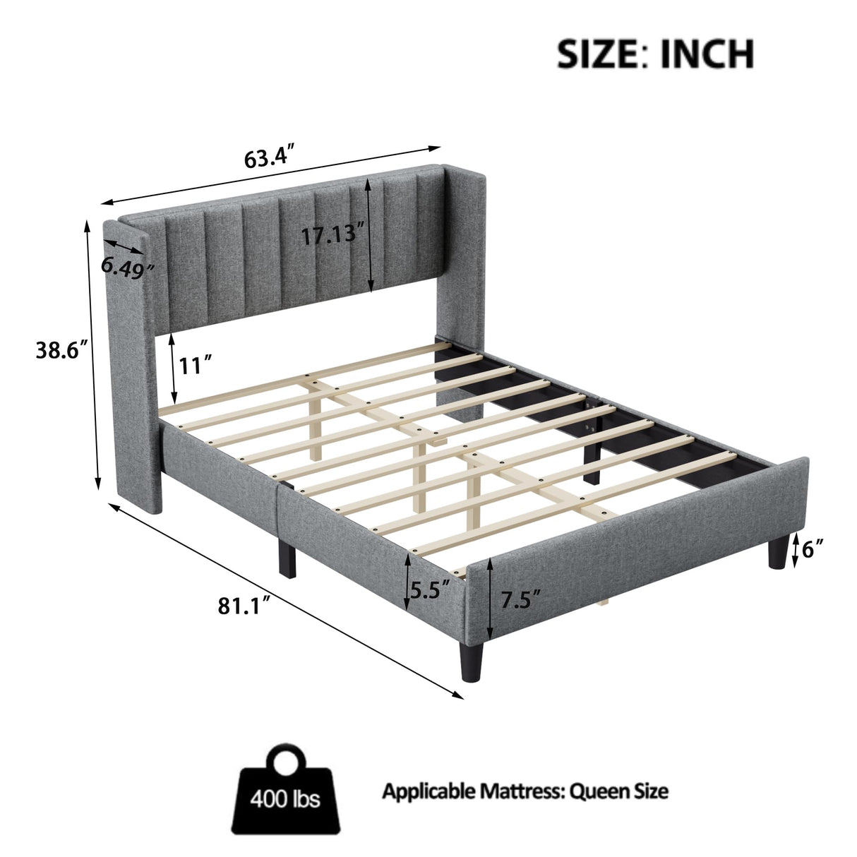 Bed Frame Queen Upholstered Platform Bed with Fabric Headboard, Wing Edge Design