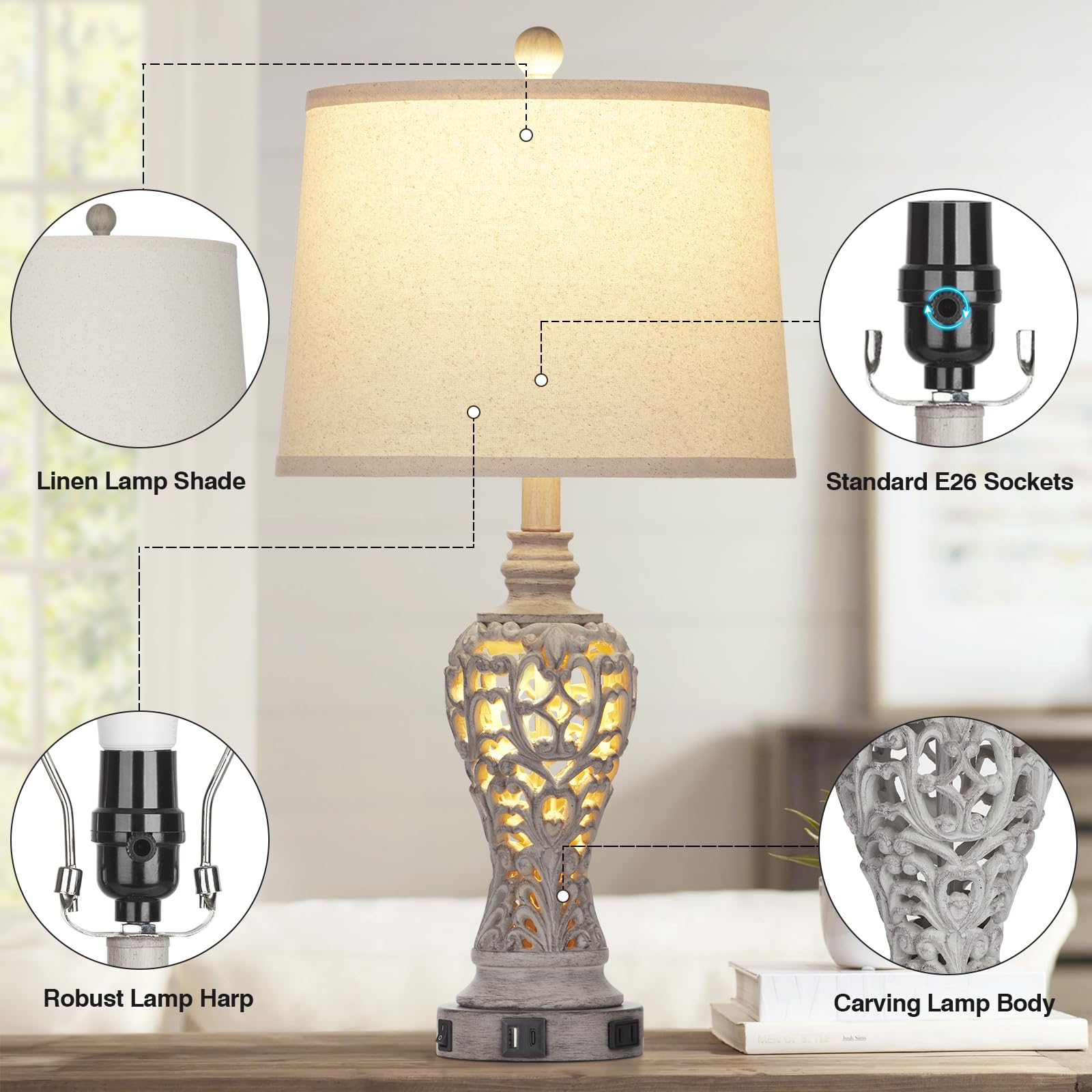 Farmhouse Table Lamps Set of 2 with Nightlight, Rustic Bedside Lamps