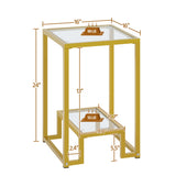 Glass Side Table, Tempered Glass Gold End Table with Shelf and Sturdy Metal Frame