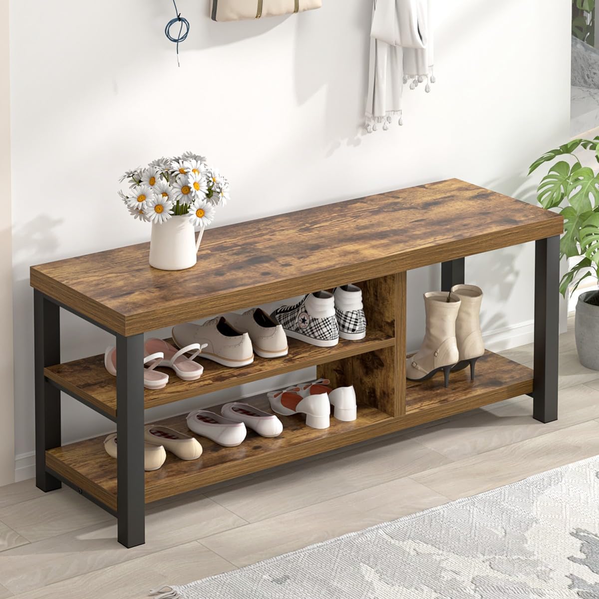Modern Wood Storage Bench for Entryway Hallway