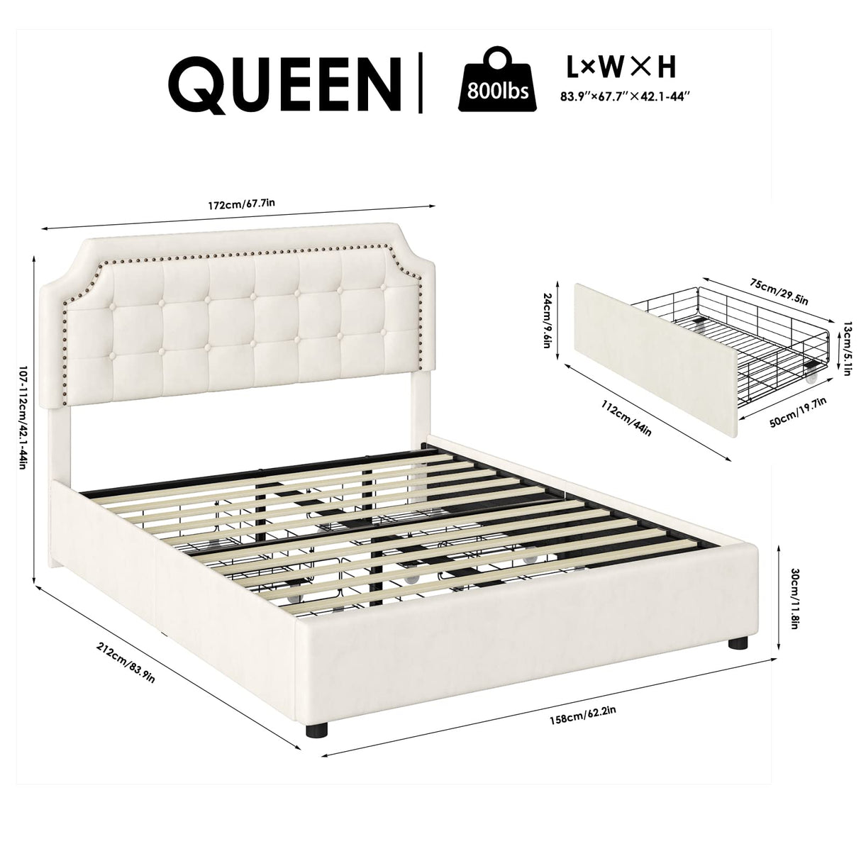 Upholstered Queen Bed Frame with 4 Storage Drawers, Platform Bed Frame with Curved