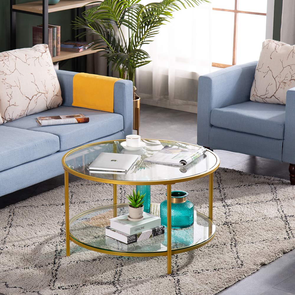 31.5" Round Coffee Table with Open Storage Shelf,2-Tier Temperred Glass Round Accent