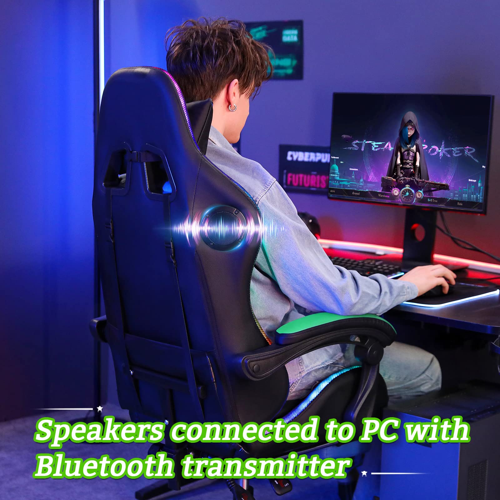 Ergonomic Gaming Chair with Massage, Bluetooth Speakers & LED Lights