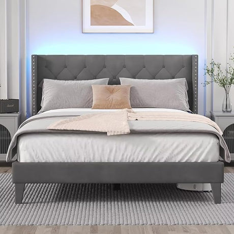 Queen Size Bed Frame with LED Lights, Upholstered Bed Frame with Wingback Diamond