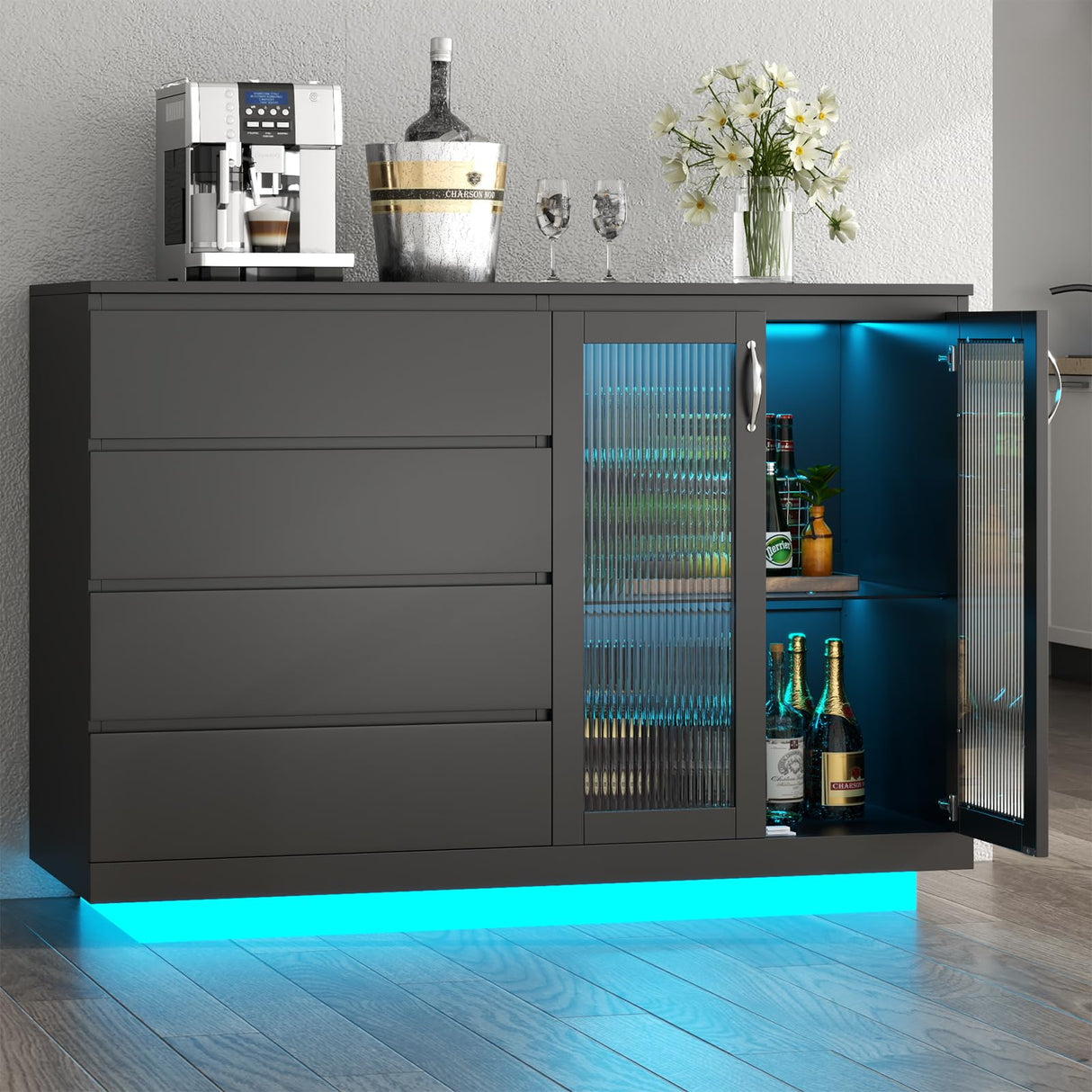 Wine Bar Cabinet with LED Lights, Home Coffee Bar Cabinet with 4 Drawers