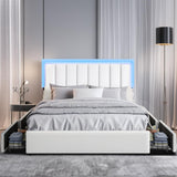 Full Size Bed Frame with LED Lights and 4 Storage Drawers, Upholstered Platform Bed