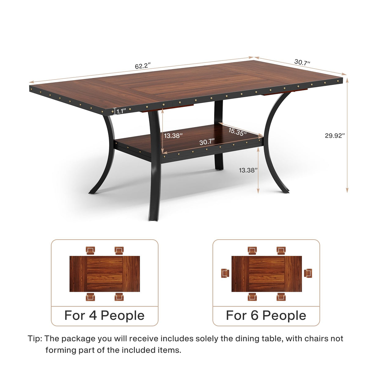 Dining Table for 4-6, Brown 62" Rectangular Kitchen Table, 2 Tiers Large Dinner Table