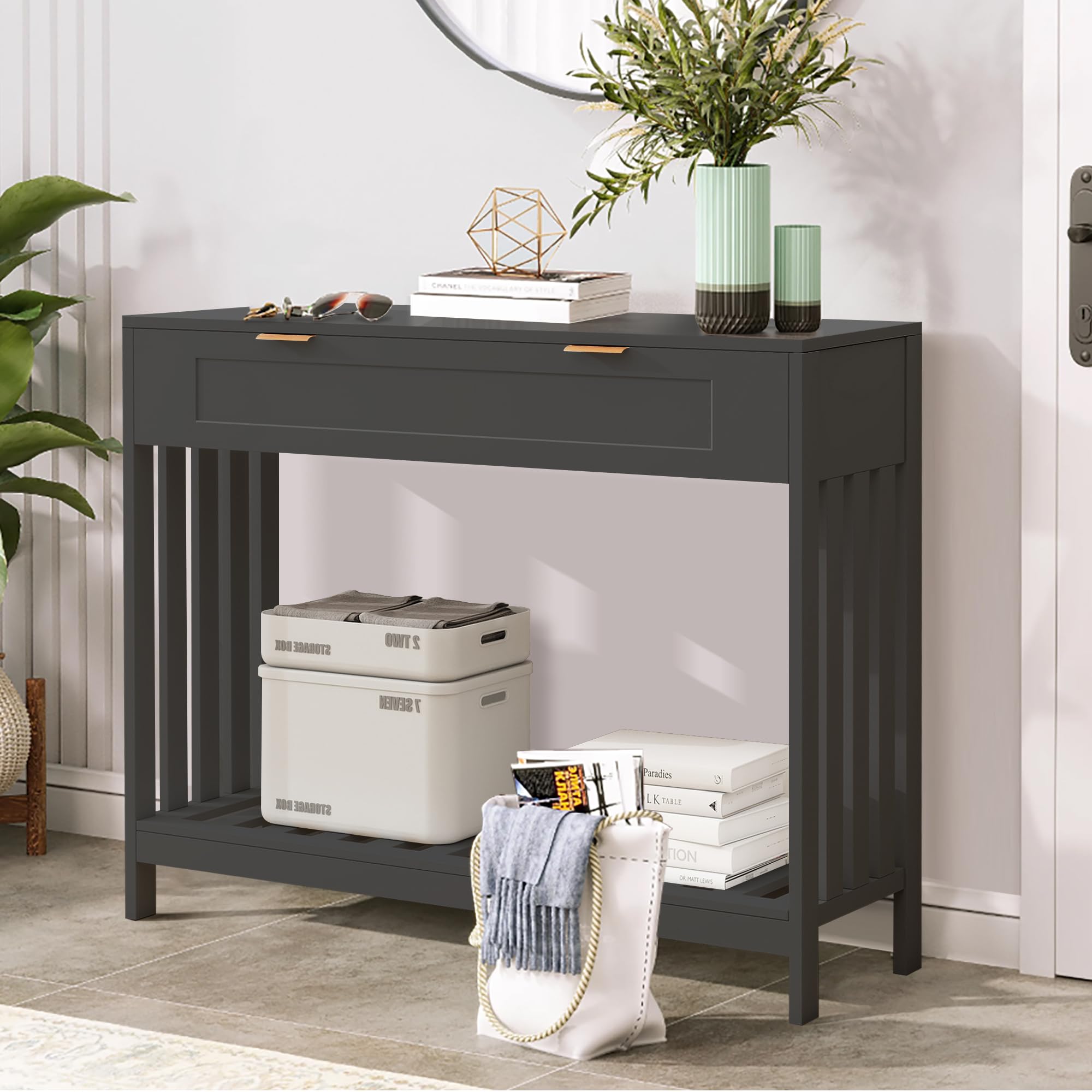 Console Table with Drawers - Narrow Entryway Table with Storage Shelf