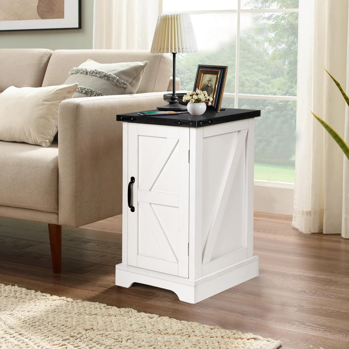 2PCS Farmhouse Nightstand with Charging Station, 17" Rectangular End Table