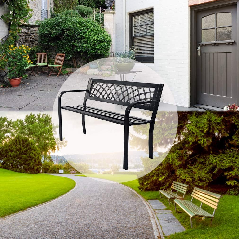 Garden Bench Outdoor Bench with Plastic Backrest for Patio Metal Bench Park