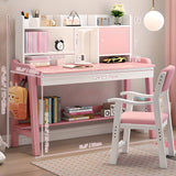 Chair Set Adjustable Height, All Solid Wooden Bedroom Furniture, Pink Table Chair Set with Shelves, Drawer, School Student's Table Office Computer Workstation (Pink)