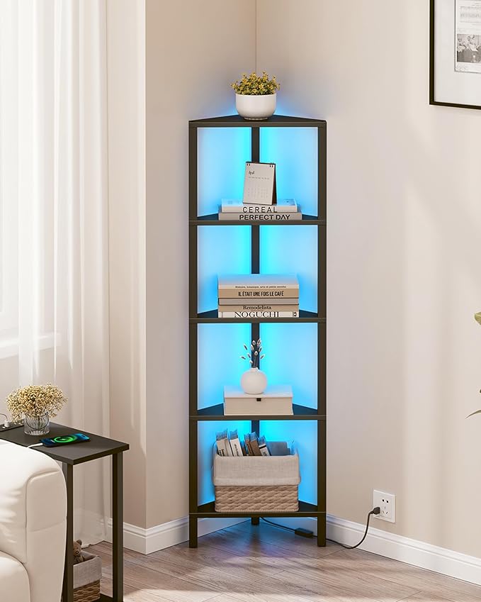 Corner Shelf with LED Light, 6-Tier Corner Bookshelf for Small Space, Narrow Display C