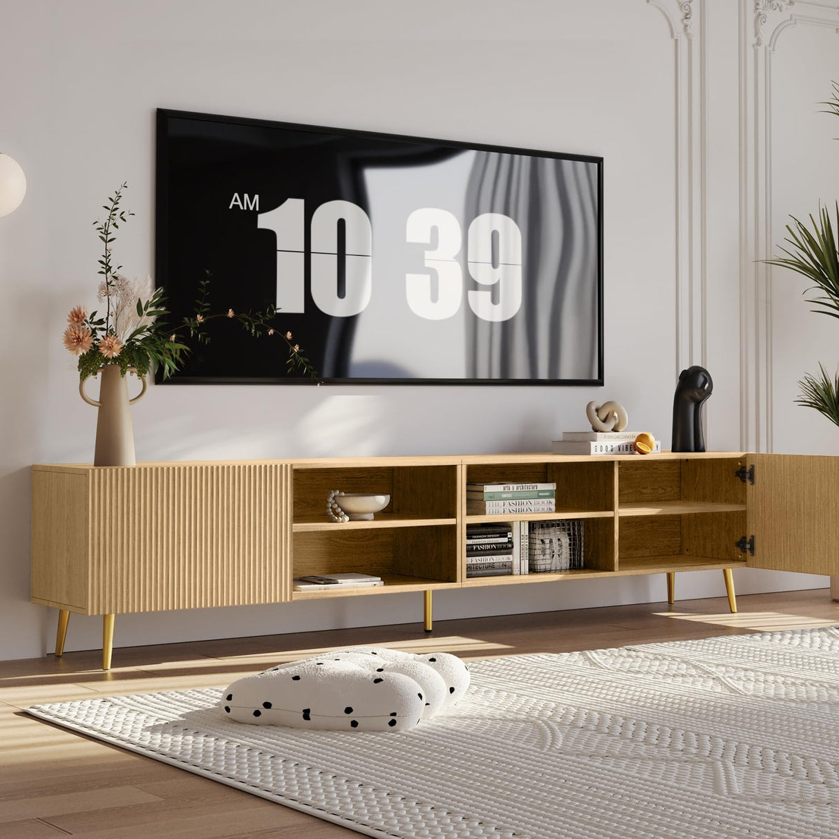 86 Inch TV Stand with Fluted Design and Adjustable Shelves