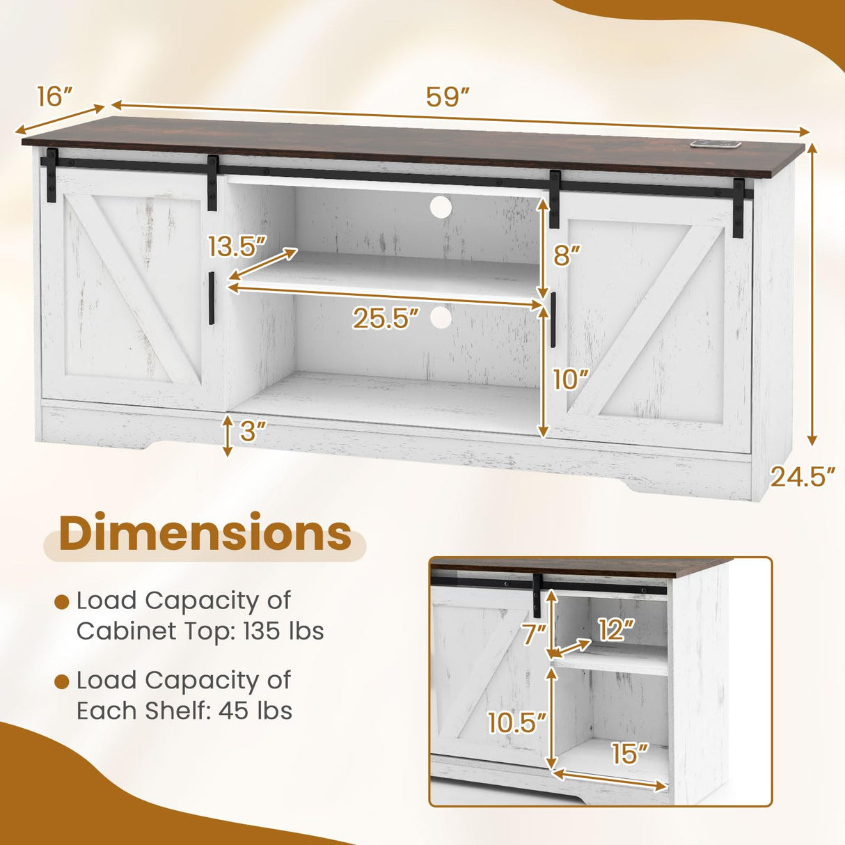 LED TV Stand for 65” TVs, Sliding Barn Door Entertainment Center with Lights