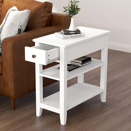 Side Table Living Room, Narrow End Table with Drawer and Shelf, 3-Tier Sofa End Table