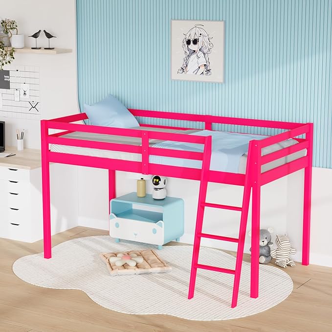 Junior Low Loft Bed with Stairs, White Wood Loft Bed Full Size for Adults, Kids and Young