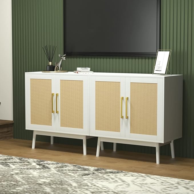 Buffet Cabinet, Rattan Cabinet, Set of 3, Storage Cabinet with 2 Doors
