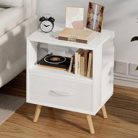 Night Stand, White Kids Nightstand with Drawer, Nursery Side Table with Open Storage, 3-Tier Modern End Table, Bedside Table for Small Space, Living Room, Bedroom